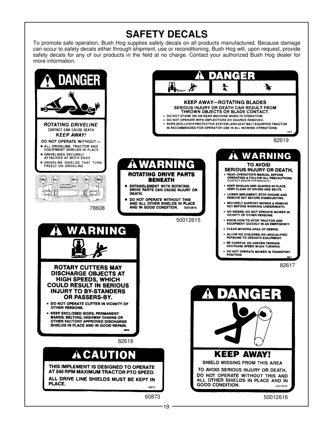 Bush Hog MP5, MP6 manual Safety Decals 