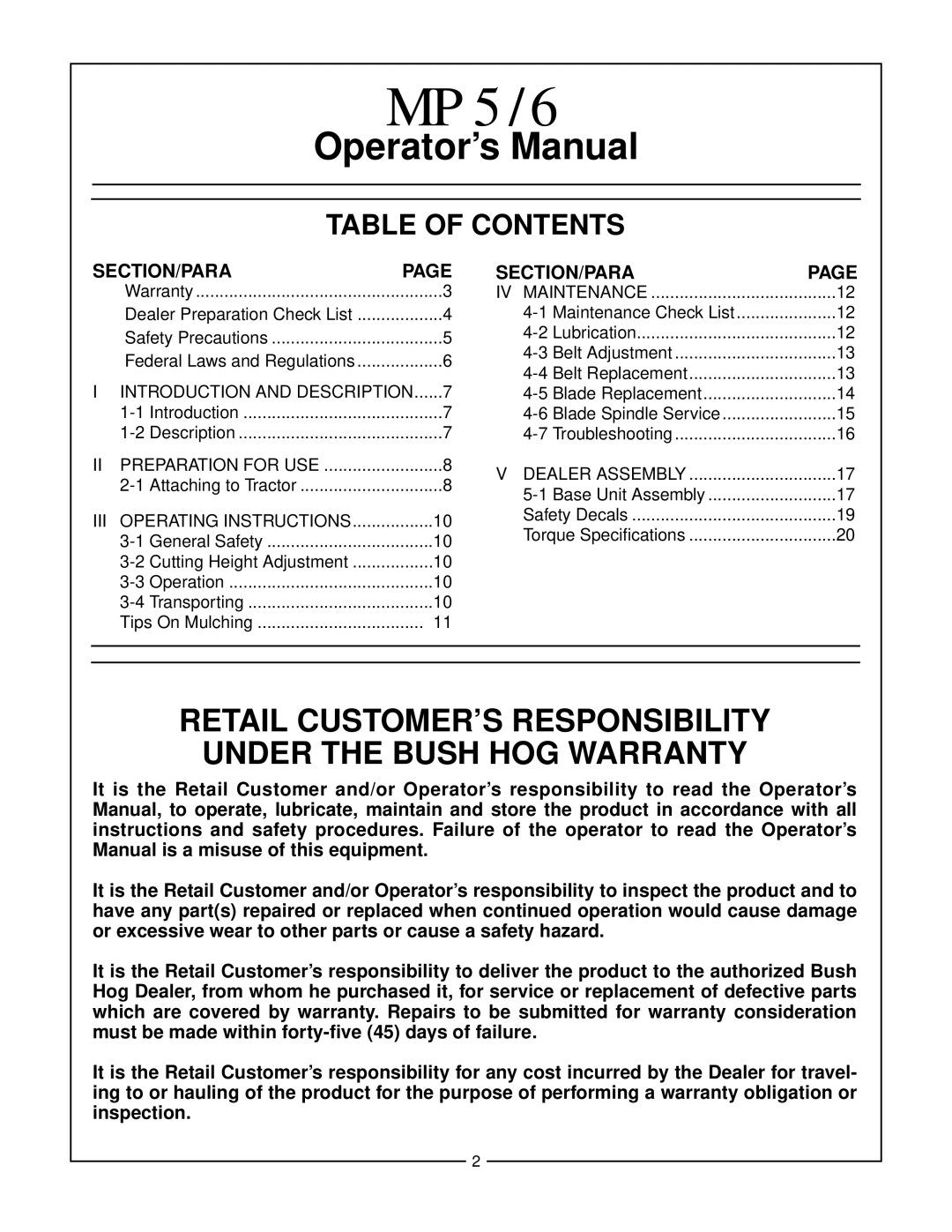 Bush Hog MP6 manual MP5/6, Table of Contents 