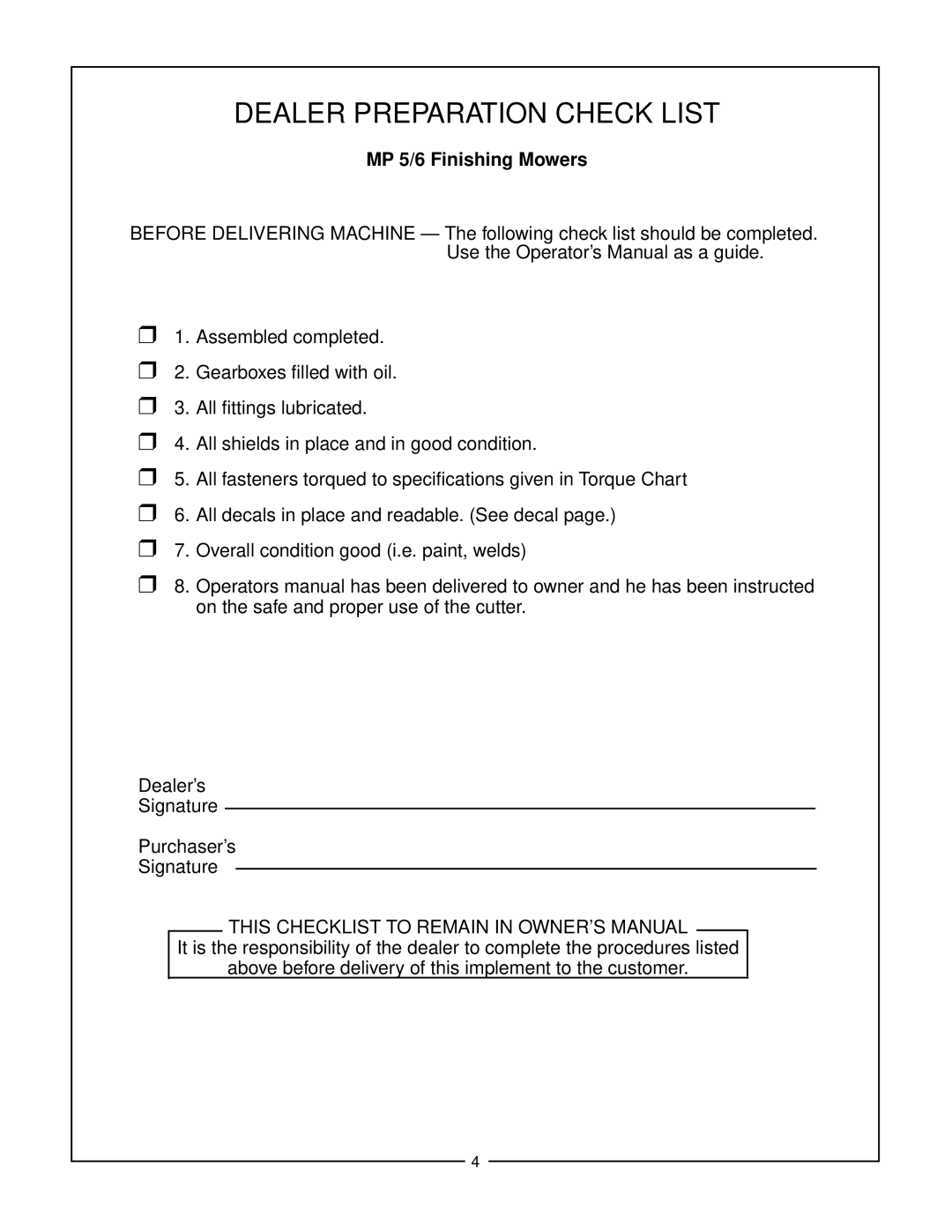 Bush Hog MP6, MP5 manual Dealer Preparation Check List 