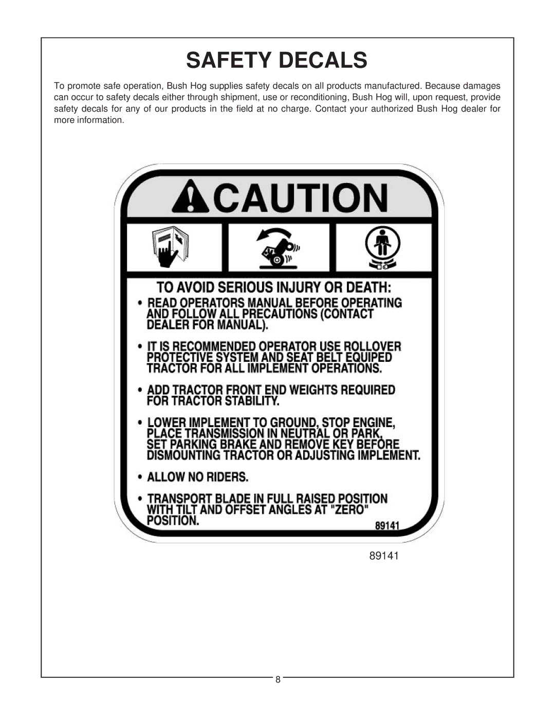 Bush Hog MPG 600, 720 manual Safety Decals 