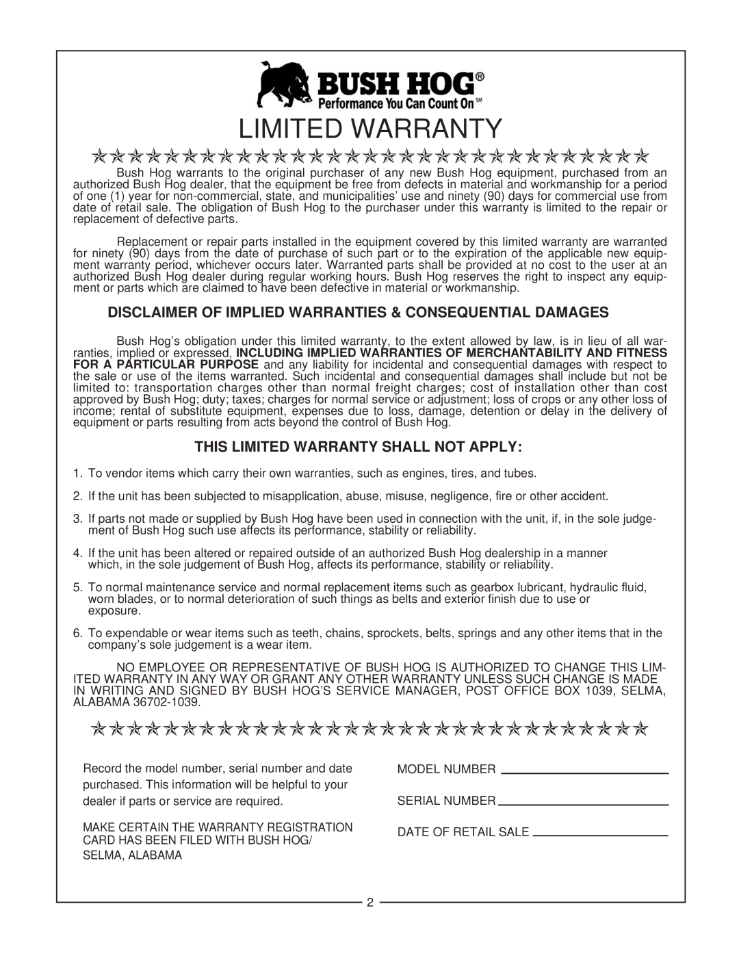 Bush Hog MPG 600, 720 manual Disclaimer of Implied Warranties & Consequential Damages, This Limited Warranty Shall not Apply 