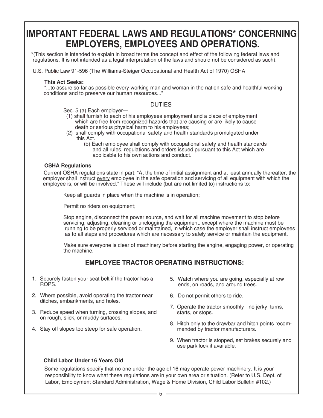 Bush Hog 720, MPG 600 manual EMPLOYERS, Employees and Operations, Employee Tractor Operating Instructions 