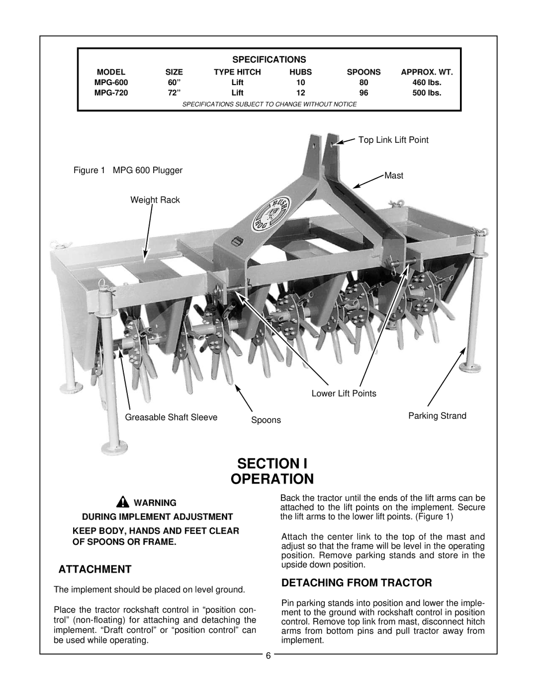 Bush Hog MPG 600, 720 manual Attachment, Detaching from Tractor 