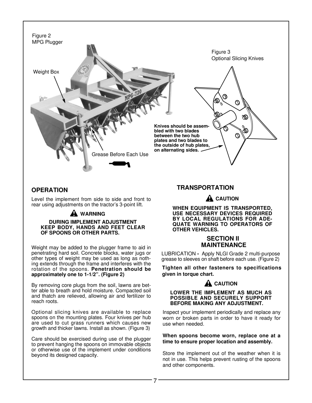 Bush Hog 720, MPG 600 manual Operation, Transportation, Section Maintenance 