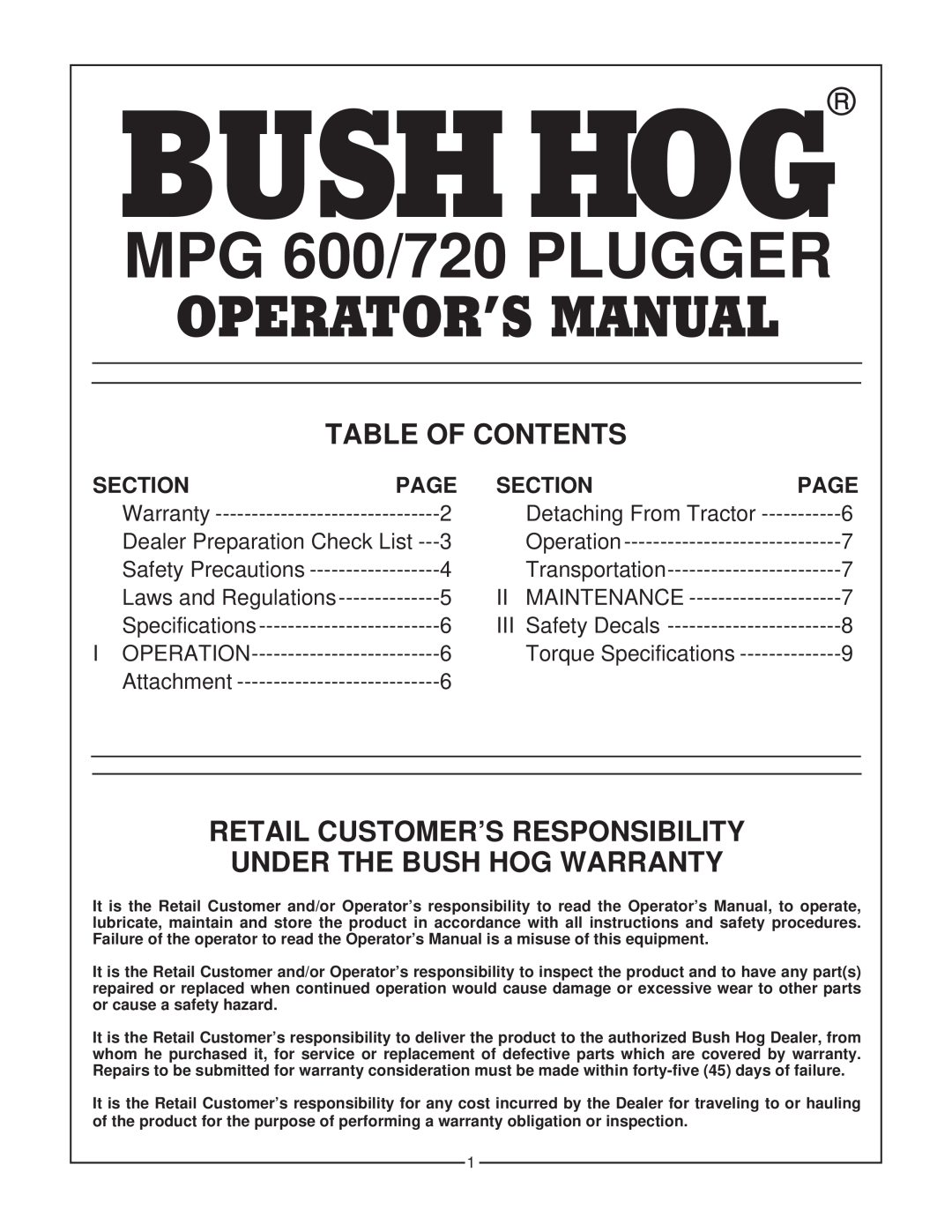 Bush Hog 720 Table Of Contents, Retail Customer’S Responsibility Under The Bush Hog Warranty, Section, Page, I Operation 