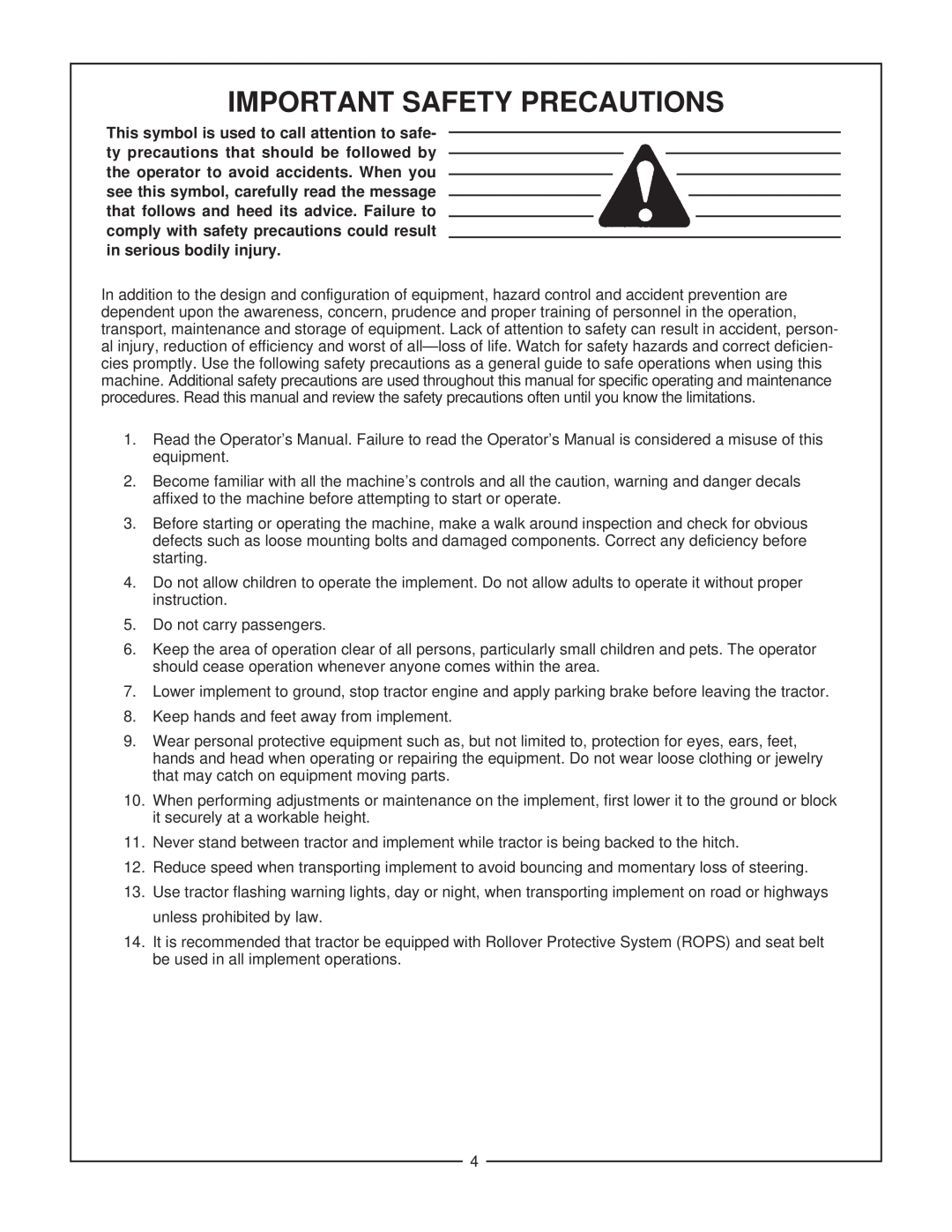 Bush Hog MPG 600, 720 manual Important Safety Precautions 