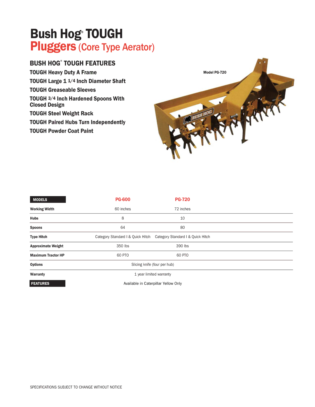 Bush Hog specifications Pluggers Core Type Aerator, Bush Hog Tough Features, PG-600 PG-720 