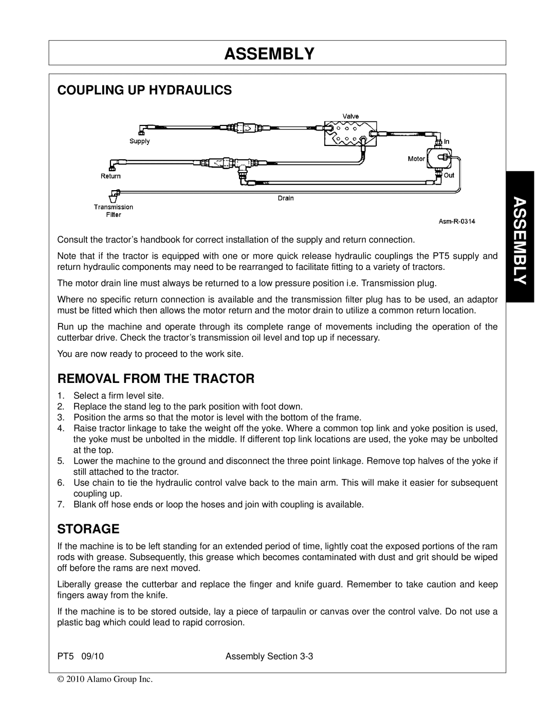 Bush Hog PT5 manual Coupling UP Hydraulics, Removal from the Tractor, Storage 