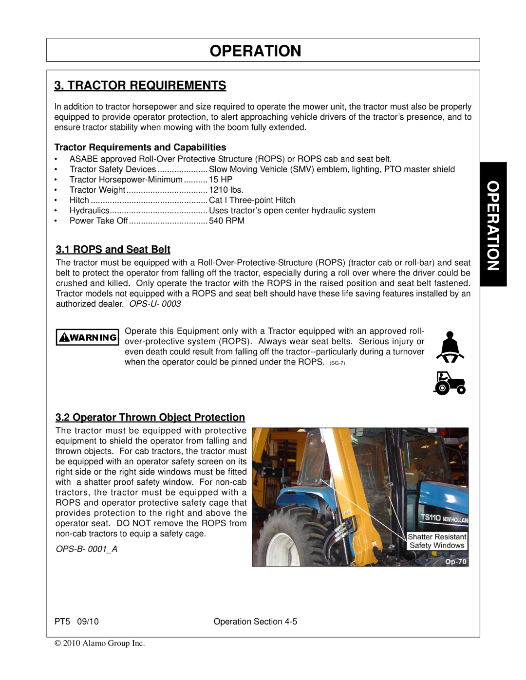 Bush Hog PT5 manual Tractor Requirements, Rops and Seat Belt, Operator Thrown Object Protection 