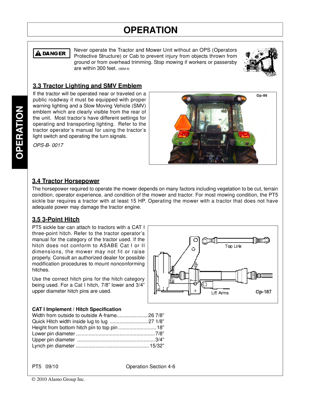 Bush Hog PT5 manual Tractor Lighting and SMV Emblem, Tractor Horsepower, Point Hitch 