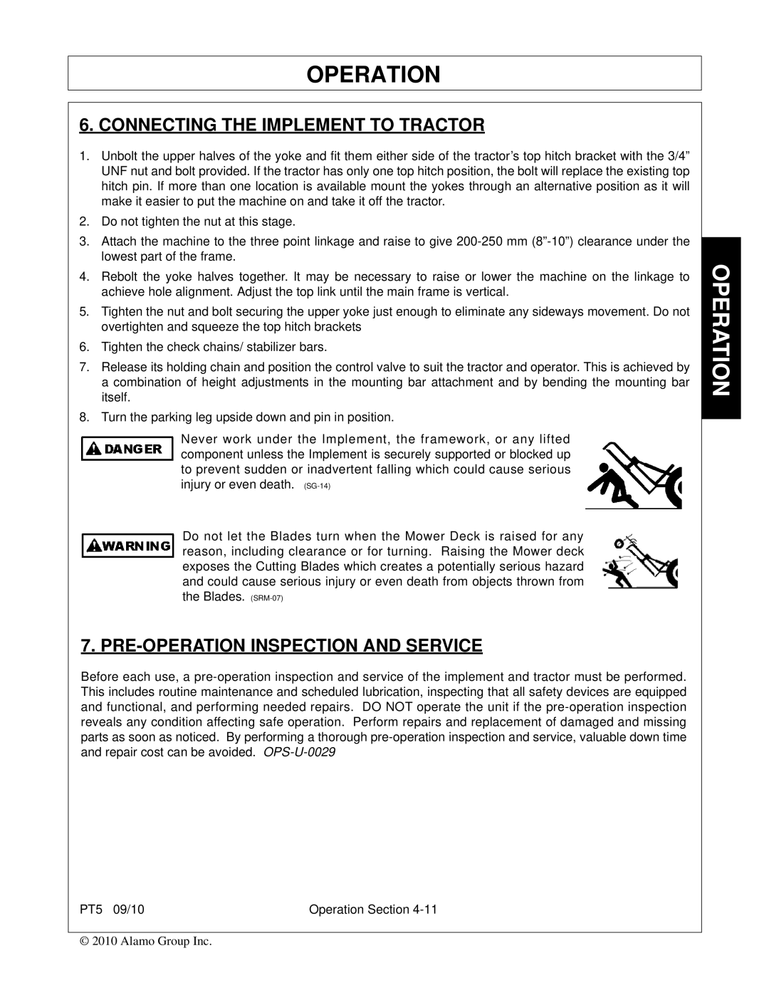 Bush Hog PT5 manual Connecting the Implement to Tractor, PRE-OPERATION Inspection and Service 