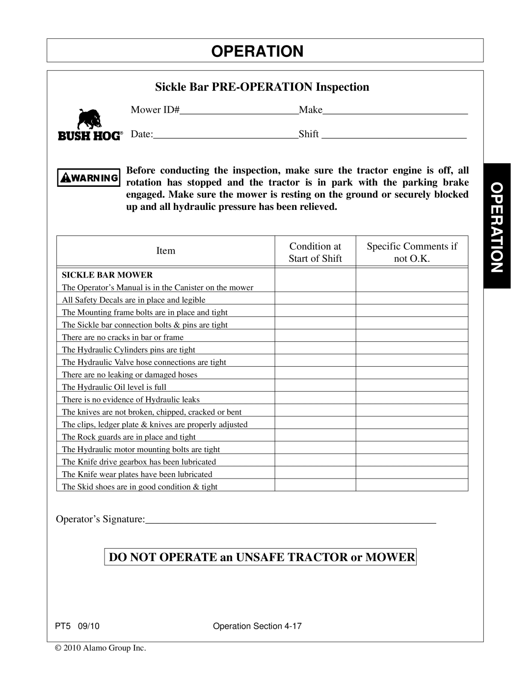 Bush Hog PT5 manual Do not Operate an Unsafe Tractor or Mower 