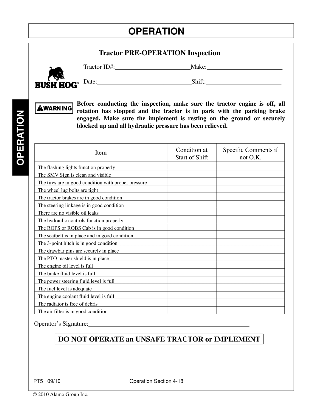 Bush Hog PT5 manual Do not Operate an Unsafe Tractor or Implement 