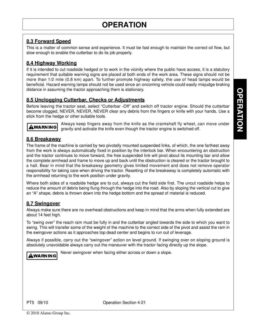 Bush Hog PT5 manual Forward Speed, Highway Working, Unclogging Cutterbar, Checks or Adjustments, Breakaway, Swingover 