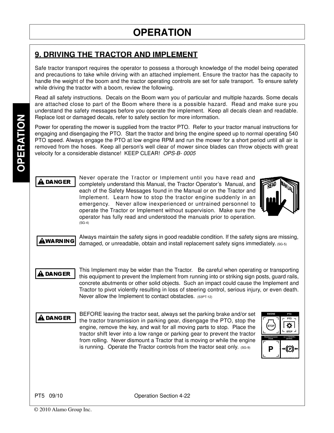 Bush Hog PT5 manual Driving the Tractor and Implement 