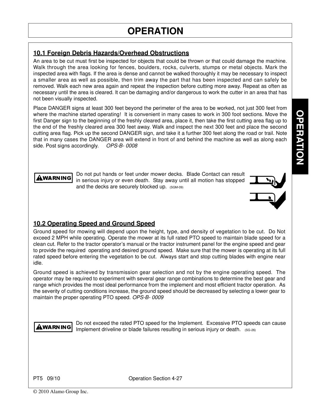 Bush Hog PT5 manual Foreign Debris Hazards/Overhead Obstructions, Operating Speed and Ground Speed 