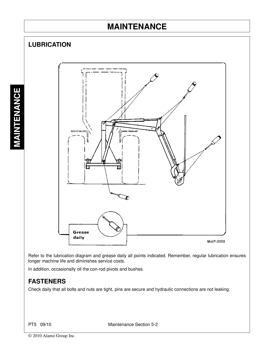 Bush Hog PT5 manual Lubrication, Fasteners 