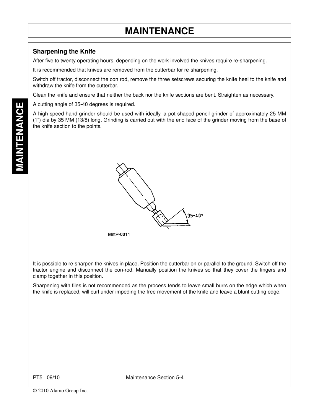 Bush Hog PT5 manual Sharpening the Knife 