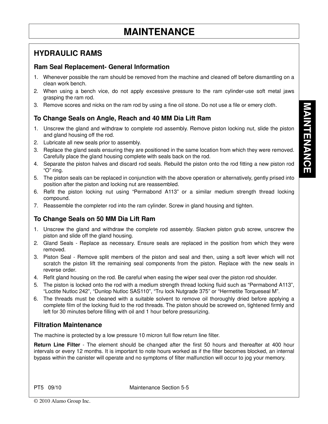 Bush Hog PT5 manual Hydraulic Rams, Ram Seal Replacement- General Information, To Change Seals on 50 MM Dia Lift Ram 