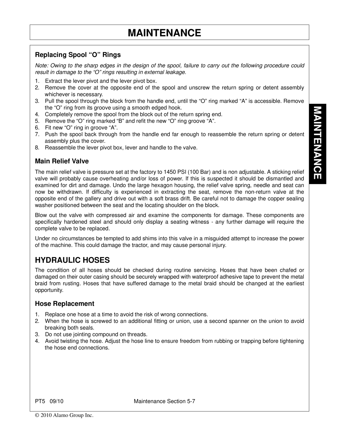 Bush Hog PT5 manual Hydraulic Hoses, Replacing Spool O Rings, Main Relief Valve, Hose Replacement 