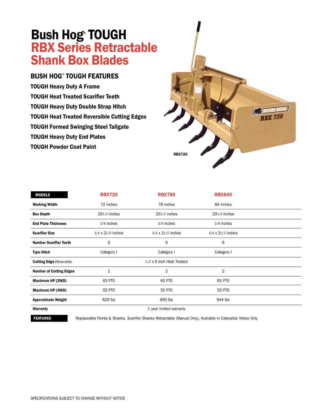 Bush Hog specifications RBX Series Retractable Shank Box Blades, Bush Hog Tough Features, RBX720 RBX780 RBX840 