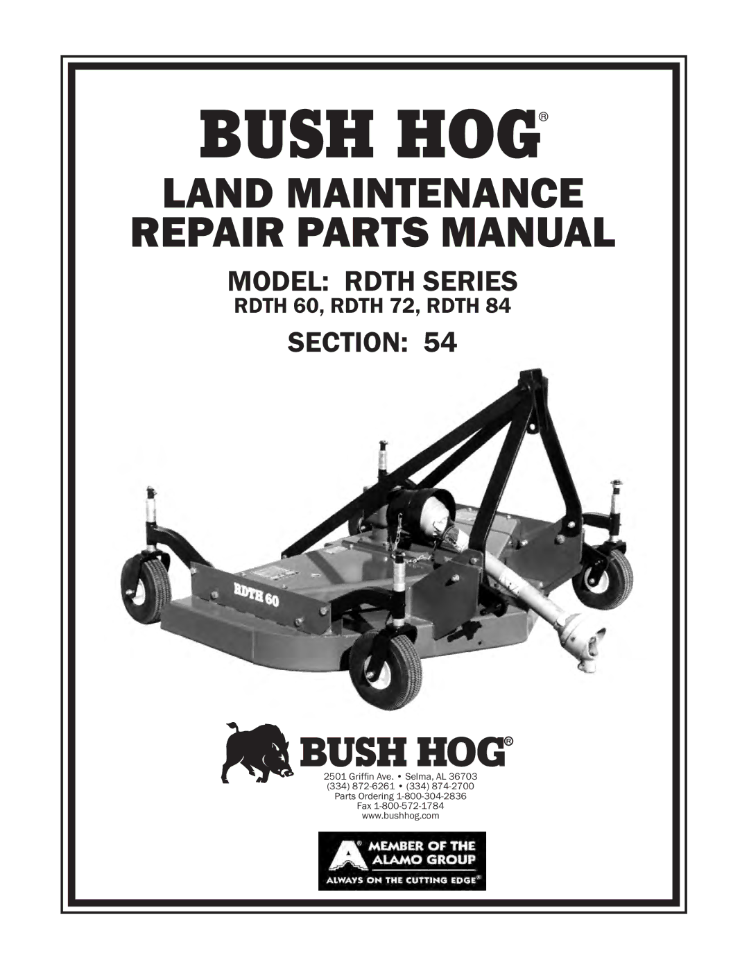 Bush Hog RDTH 72, RDTH 60, RDTH 84 manual Landbushmaintenancehog Repair Parts Manual Model Rdth Series 