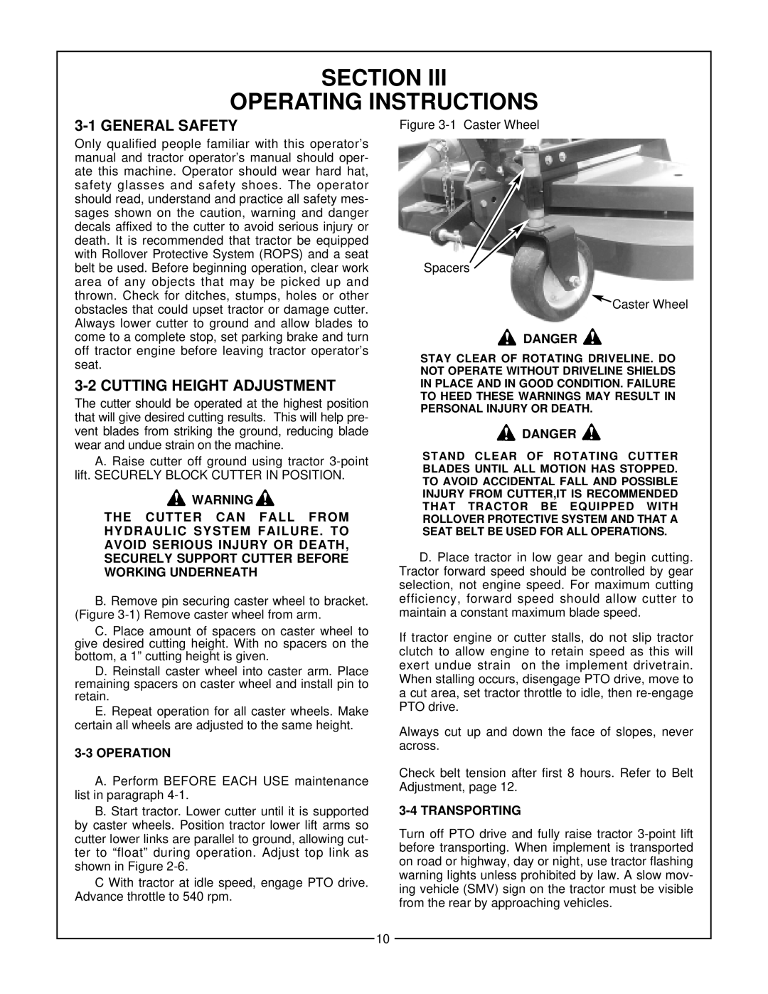 Bush Hog RDTH 84 manual General Safety, Cutting Height Adjustment, Operating Instructions, Operation, Transporting 