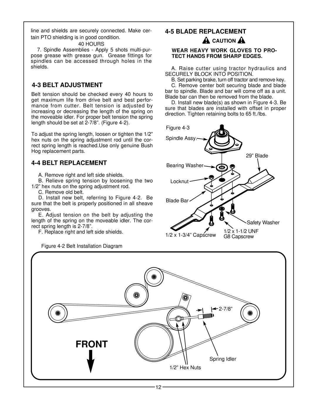 Bush Hog RDTH 84 manual Front, Belt Adjustment, Blade Replacement, Belt Replacement 