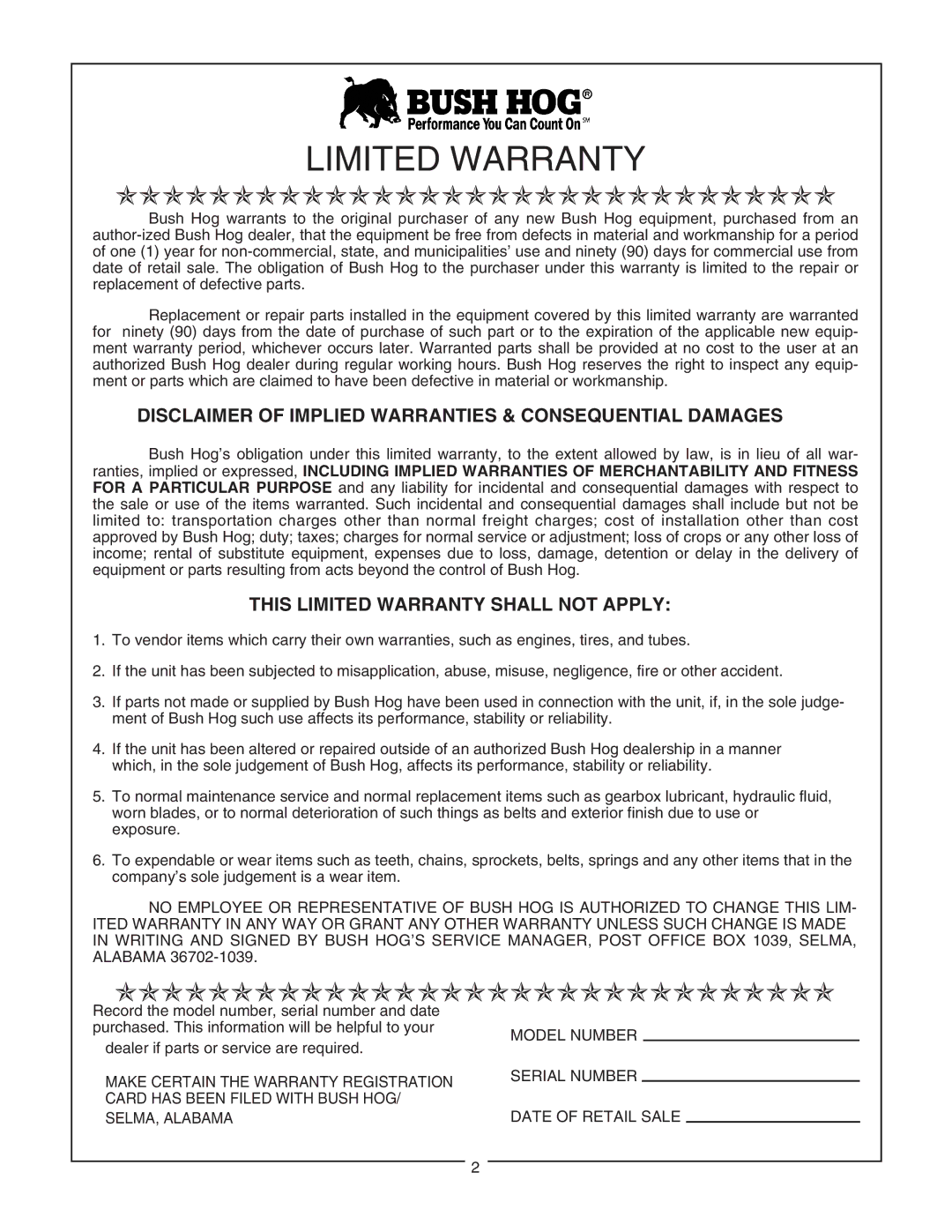 Bush Hog RDTH 84 manual Disclaimer of Implied Warranties & Consequential Damages, This Limited Warranty Shall not Apply 