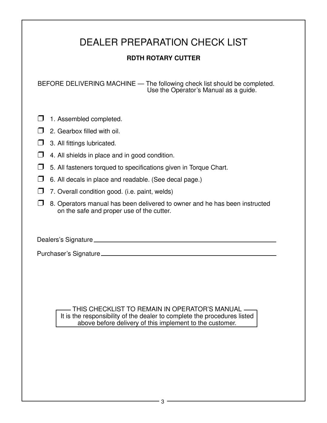 Bush Hog RDTH 84 manual Dealer Preparation Check List, Rdth Rotary Cutter 