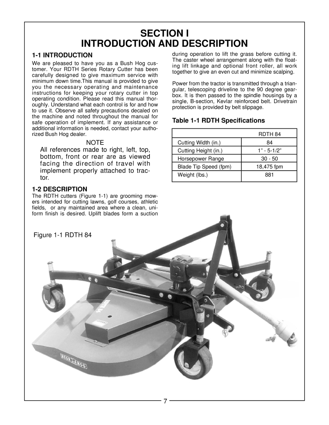 Bush Hog RDTH 84 manual Section, Introduction and Description, Rdth 