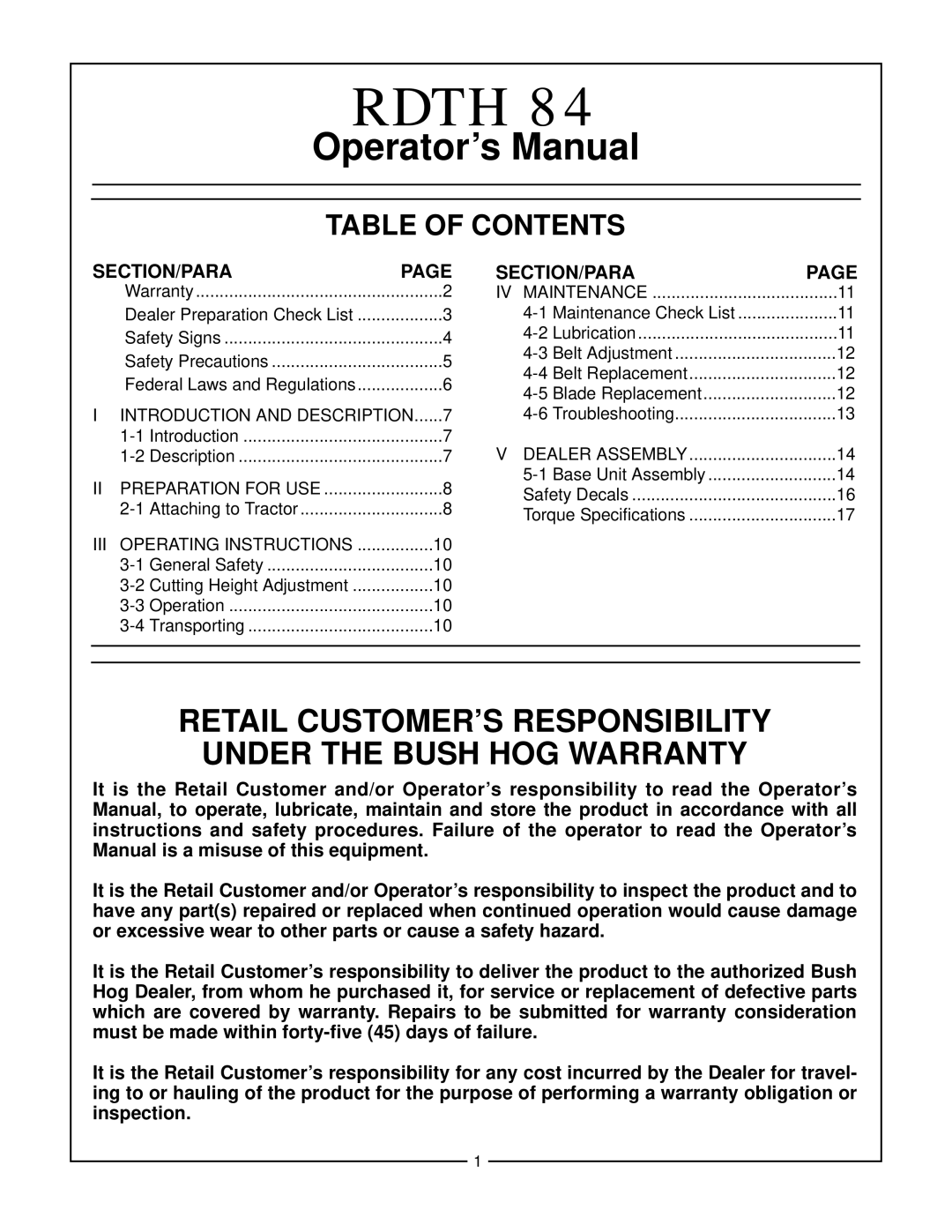 Bush Hog RDTH 84 manual Table Of Contents, Section/Para, Page, Rdth, Operator’s Manual, Retail Customer’S Responsibility 