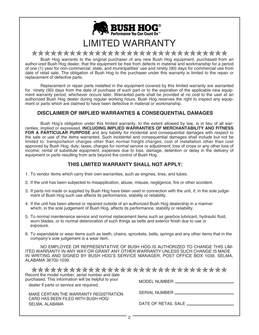 Bush Hog RDTH 84 manual This Limited Warranty Shall Not Apply, Ooooooooooooooooooooooooooooooo 