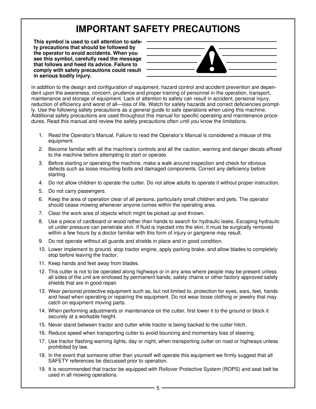 Bush Hog RDTH 84 manual Important Safety Precautions 