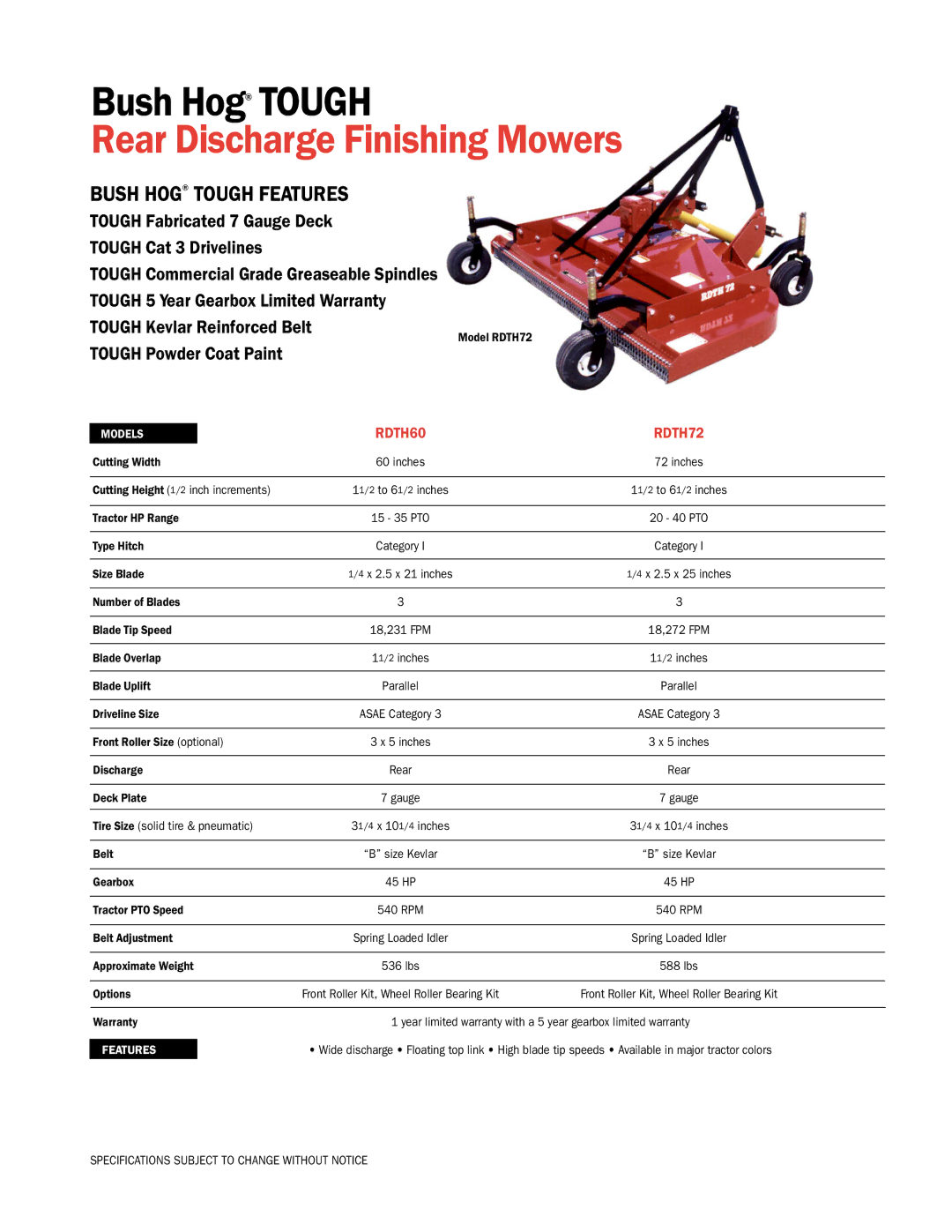 Bush Hog specifications Rear Discharge Finishing Mowers, Bush Hog Tough Features, RDTH60 RDTH72 