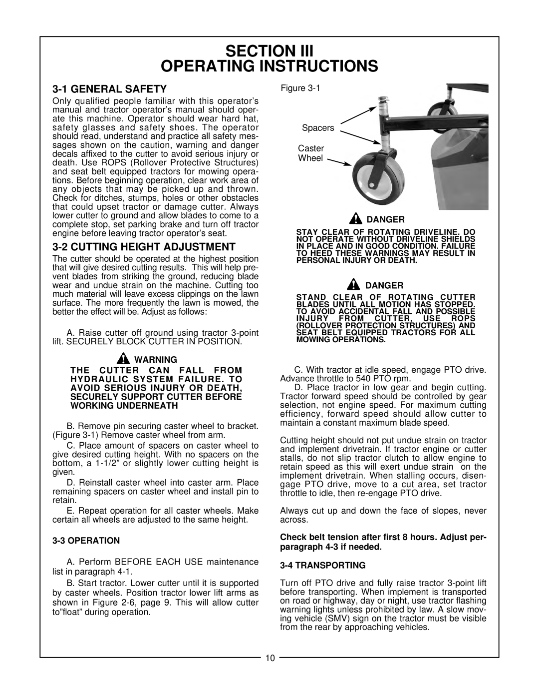 Bush Hog RFM 60 manual Section Operating Instructions, General Safety, Cutting Height Adjustment 