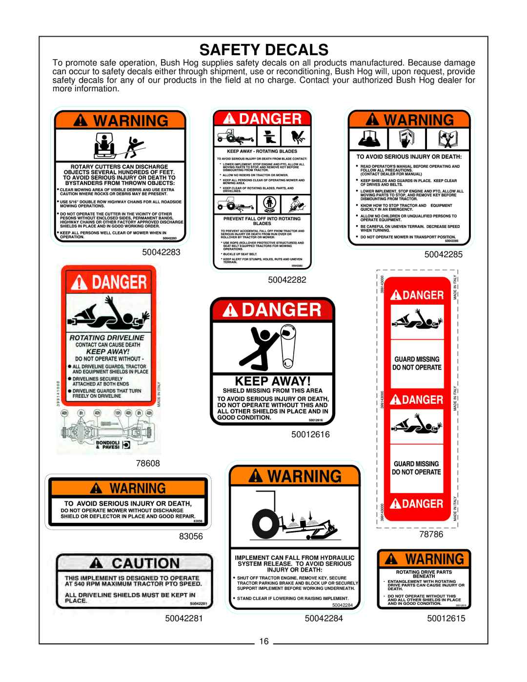 Bush Hog RFM 60 manual Safety Decals 