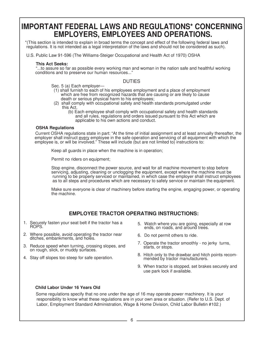 Bush Hog RFM 60 manual EMPLOYERS, Employees and Operations, Employee Tractor Operating Instructions, Rops 