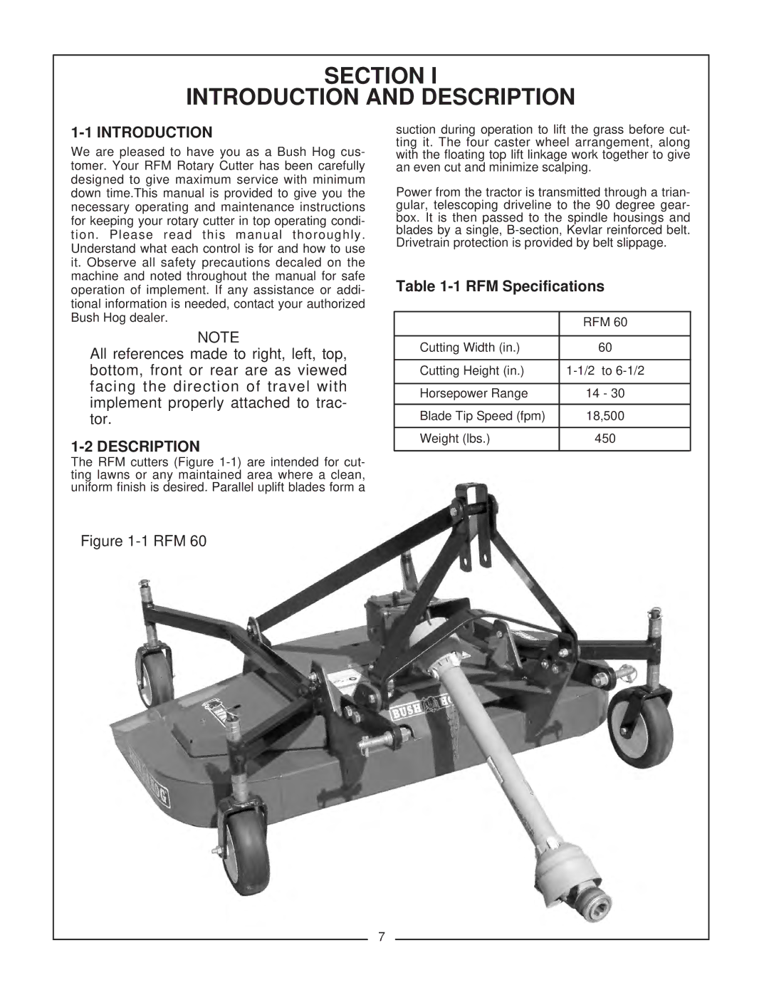 Bush Hog RFM 60 manual Section Introduction and Description 