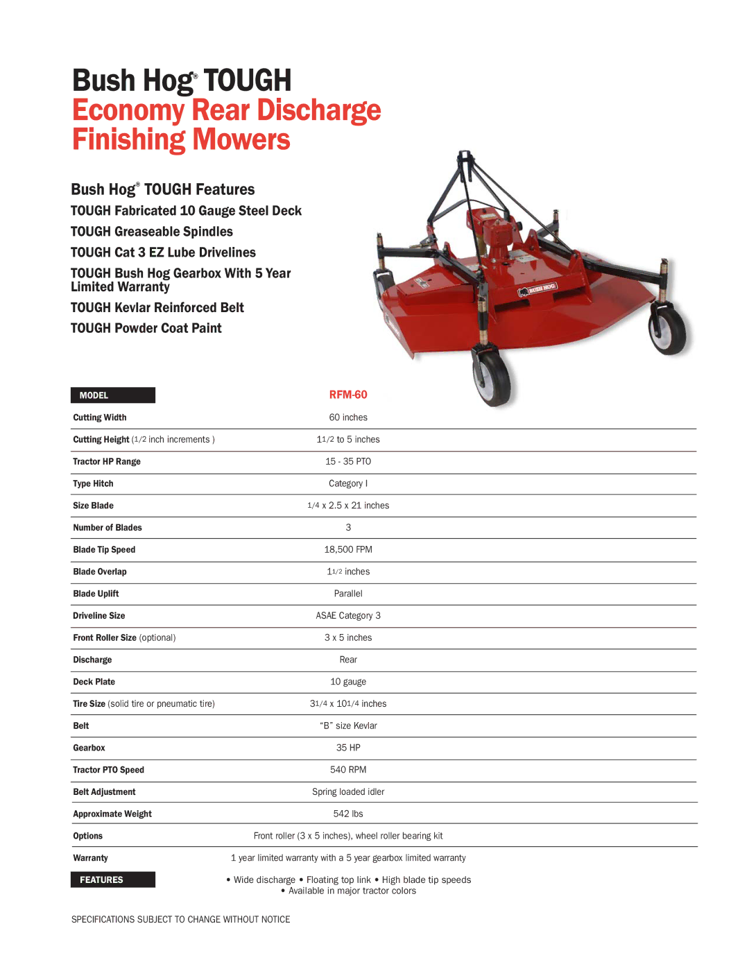 Bush Hog RFM-60 warranty Economy Rear Discharge Finishing Mowers, Bush Hog Tough Features 