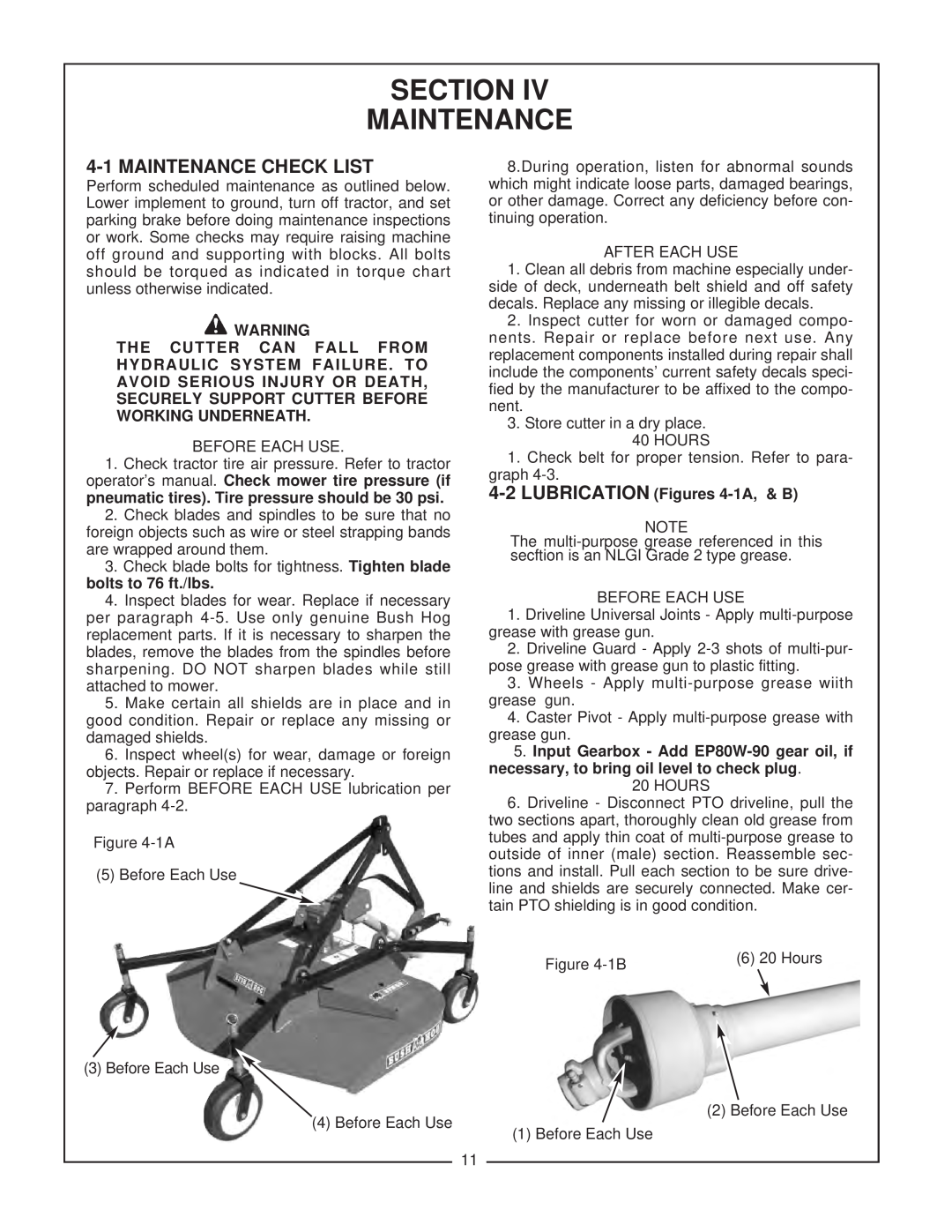 Bush Hog RFM 60 manual Section Maintenance, 4-1MAINTENANCE CHECK LIST, bolts to 76 ft./lbs, 4-2LUBRICATION Figures 4-1A,& B 