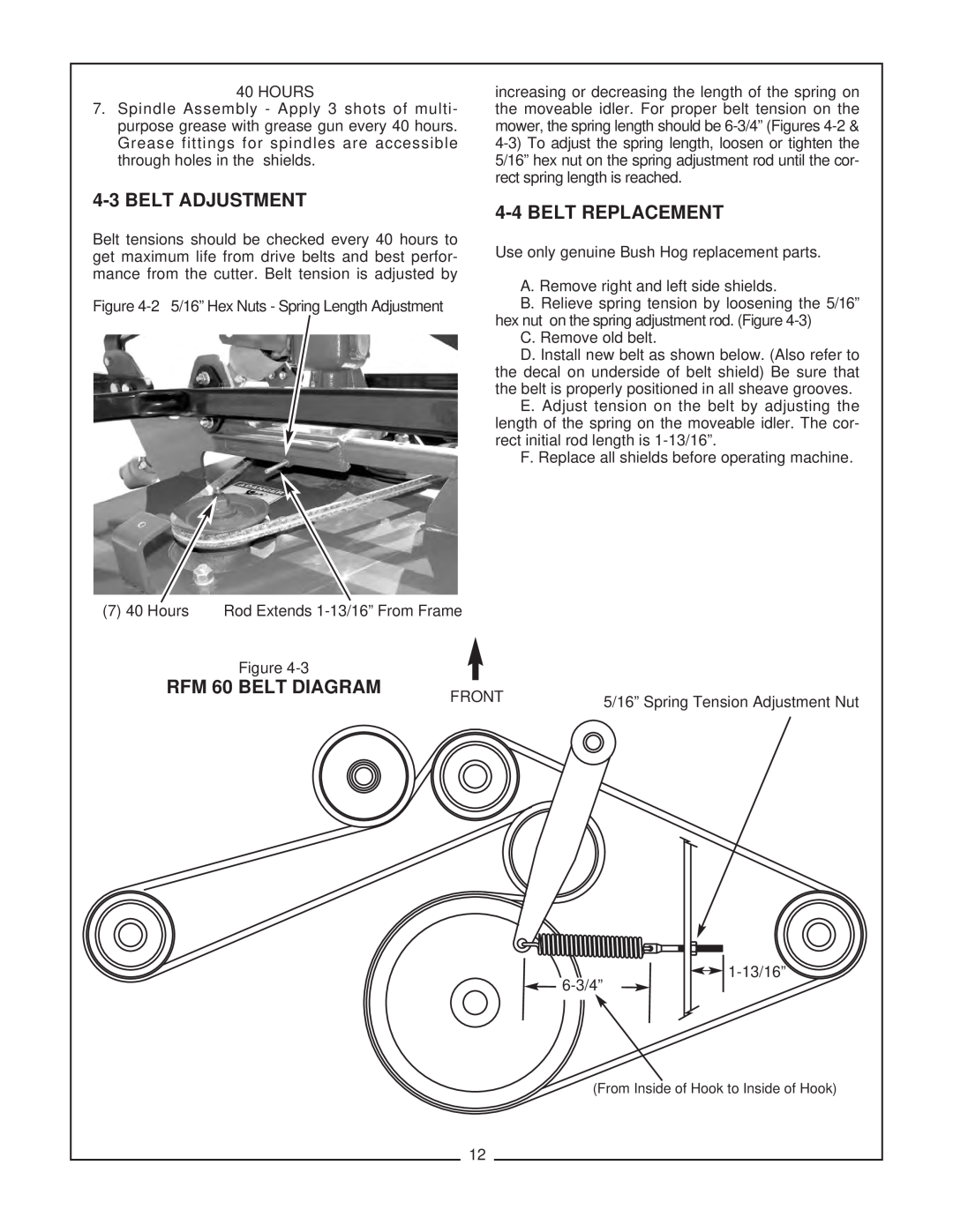 Bush Hog manual 4-3BELT ADJUSTMENT, 4-4BELT REPLACEMENT, RFM 60 BELT DIAGRAM 