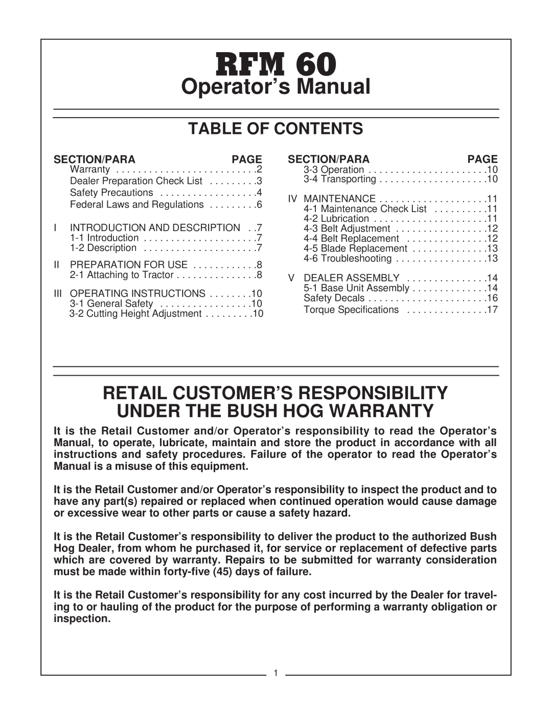 Bush Hog manual Table Of Contents, Operator’sRFM 60Manual, Retail Customer’S Responsibility, Under The Bush Hog Warranty 