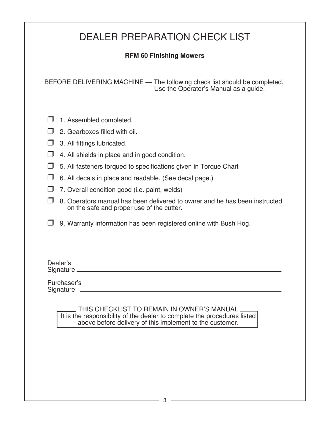 Bush Hog manual Dealer Preparation Check List, RFM 60 Finishing Mowers 