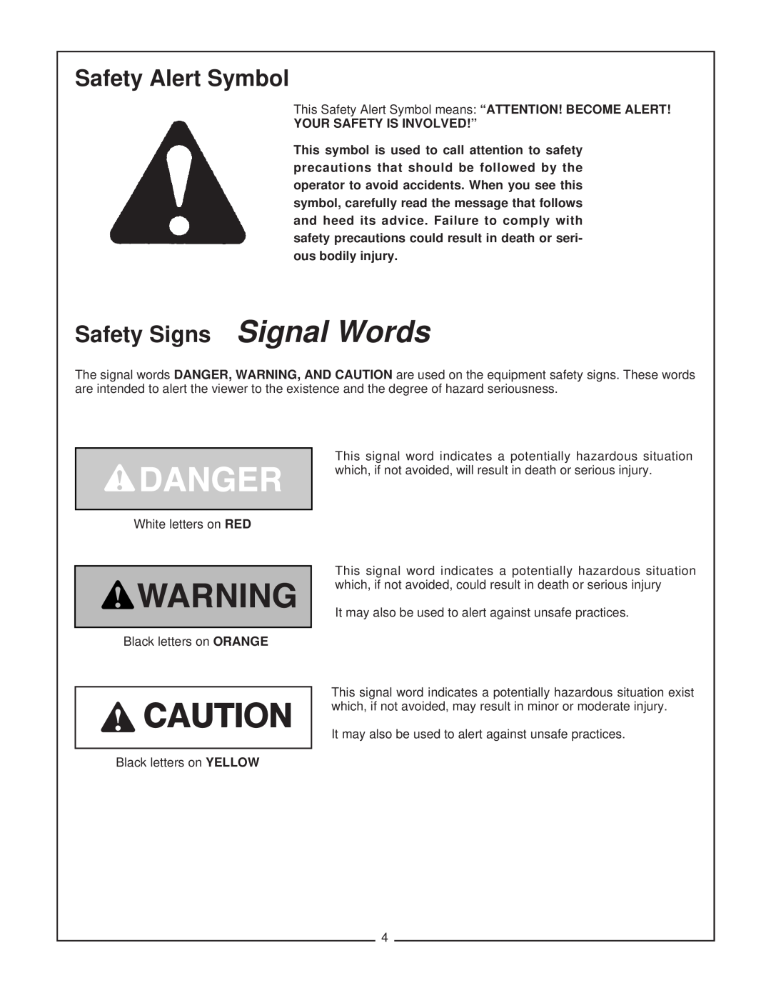 Bush Hog RFM 60 manual Safety Alert Symbol, Safety Signs Signal Words, Your Safety Is Involved!” 