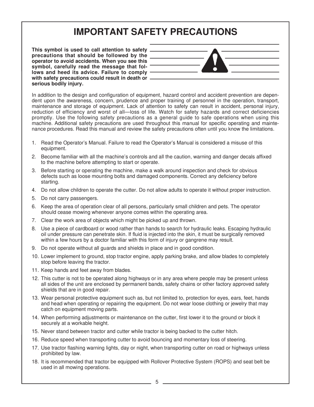 Bush Hog RFM 60 manual Important Safety Precautions 