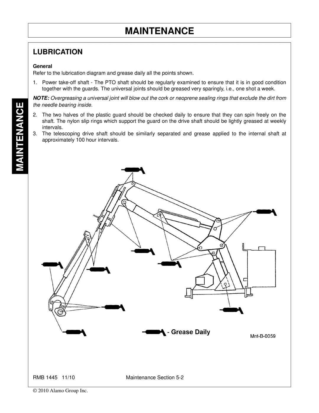 Bush Hog RMB 1445 manual Maintenance, Lubrication 