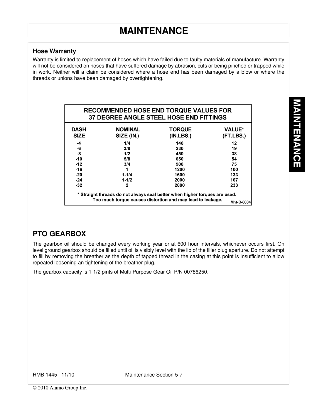 Bush Hog RMB 1445 manual PTO Gearbox, Hose Warranty 