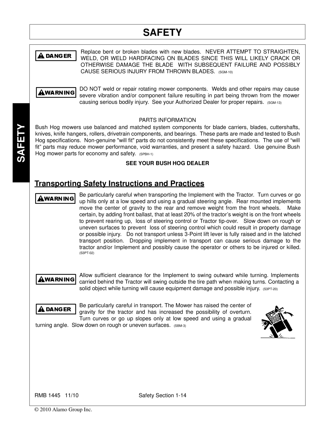 Bush Hog RMB 1445 manual Transporting Safety Instructions and Practices, Parts Information 