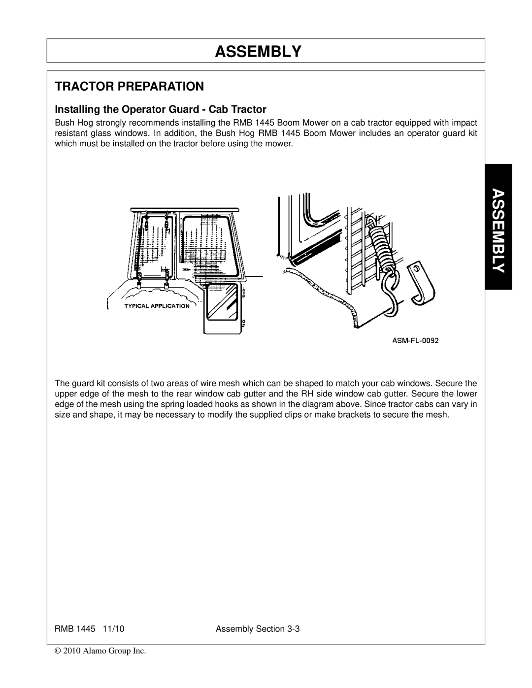 Bush Hog RMB 1445 manual Tractor Preparation, Installing the Operator Guard Cab Tractor 